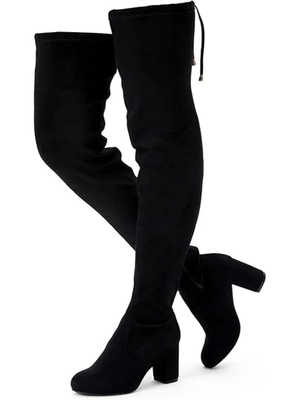 Women's Black Suede Closed Round Toe Block Heel Over The Knee High Boots